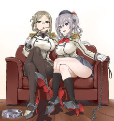 Rule 34 | 10s, 2girls, :o, arched back, asanagi, beret, black socks, blue eyes, blush, bowl, breasts, brown hair, buttons, chain, chain leash, collared shirt, couch, crossed legs, double-breasted, epaulettes, fang, femdom, folded ponytail, frilled sleeves, frills, glasses, gloves, green eyes, hat, high heels, highres, jacket, kantai collection, kashima (kancolle), katori (kancolle), kerchief, kneehighs, large breasts, leash, legs, long hair, looking at viewer, military, military uniform, miniskirt, multiple girls, necktie, open mouth, pantyhose, parted bangs, pet bowl, pleated skirt, pointer, pov, red ribbon, ribbon, riding crop, shadow, shirt, shoes, sidelocks, silver hair, simple background, sitting, skirt, smile, socks, translated, twintails, uniform, viewer on leash, wavy hair, whip, white background, white gloves, wooden floor