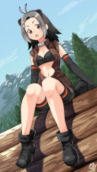 Rule 34 | 10s, 1girl, ahoge, american beaver (kemono friends), animal ears, bandeau, beaver ears, bike shorts, boots, breasts, brown eyes, cloud, day, elbow gloves, extra ears, forehead, fur collar, gloves, gochiwa, grey hair, hair ornament, hairclip, highres, jacket, kemono friends, log, looking at viewer, mountain, navel, open clothes, open jacket, open mouth, shorts, signature, small breasts, solo, strapless, tail, torn clothes, torn shorts, torn sleeves, tree, tube top