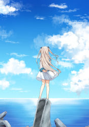 Rule 34 | 1girl, absurdres, arms behind back, atri, atri-my dear moments-, barefoot, black ribbon, blue sky, brown hair, cloud, cloudy sky, commentary request, dress, facing away, from behind, hair ribbon, highres, horizon, jako (jakoo21), long hair, ocean, outdoors, pleated dress, ribbon, sky, solo, standing, two side up, very long hair, water, white dress