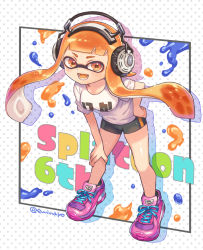 Rule 34 | 1girl, anniversary, bike shorts, black shorts, blunt bangs, clothes writing, colored tongue, commentary request, copyright name, cross-laced footwear, english text, fang, full body, hand on own hip, hand on own knee, headphones, highres, inkling, inkling player character, leaning forward, long hair, looking at viewer, nintendo, open mouth, orange eyes, orange hair, orange tongue, partial commentary, pink footwear, pointy ears, shadow, shina shina, shirt, shoes, short shorts, short sleeves, shorts, single vertical stripe, smile, sneakers, solo, splatoon (series), splatoon 1, standing, t-shirt, tentacle hair, text background, twitter username, white shirt