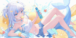 Rule 34 | 1girl, absurdres, alternate costume, arm support, bare legs, barefoot, blue bow, blue eyes, blue hair, blue nails, blue shorts, blue tail, blunt bangs, blurry, blurry background, blurry foreground, blush, bow, breasts, choker, depth of field, drinking straw, eyelashes, fins, fish tail, food, frilled choker, frills, fruit, full body, gawr gura, grey hair, hand up, highres, holding, hololive, hololive english, legs, lemon, lemon slice, long hair, looking at viewer, lying, midori xu, midriff, mouth hold, multicolored hair, nail polish, navel, on back, open fly, panties, popsicle, ramune, scrunchie, shark girl, shark tail, sharp teeth, short shorts, shorts, small breasts, solo, spaghetti strap, splashing, starfish, streaked hair, tail, tank top, teeth, two side up, underwear, virtual youtuber, water, white choker, white panties, white tank top, wrist scrunchie
