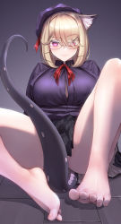 Rule 34 | 1girl, absurdres, animal ear fluff, animal ears, arknights, bare legs, barefoot, black hat, black shirt, black skirt, blonde hair, blush, breasts, button gap, cleavage, closed mouth, collared shirt, covering crotch, covering privates, feet, glasses, hair over one eye, hat, highres, knees up, large breasts, leaning back, looking at viewer, miniskirt, neck ribbon, no legwear, no panties, official alternate costume, on floor, plaid, plaid skirt, pleated skirt, purple eyes, red ribbon, ribbon, shirt, short hair, sitting, skirt, smile, smug, solo, spread legs, tail, toes, utage (arknights), utage (disguise) (arknights), v-shaped eyebrows, yamauchi (conan-comy)