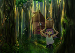 Rule 34 | 1girl, balancing on head, basket, chimney, flower bed, forest, fungus, grass, highres, hollow, house, light rays, mitsume (harenochi), mitsume (id 8749618), mushroom, nature, object on head, original, plant, purple eyes, purple hair, solo, tree, vines