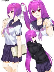 Rule 34 | 1girl, :d, absurdres, breasts, eraser, fate/grand order, fate (series), hands in pockets, highres, hood, hooded jacket, jacket, long hair, looking at viewer, mechanical pencil, mitsurugi sugar, multiple views, open mouth, pencil, pleated skirt, ponytail, purple hair, red eyes, scathach (fate), scathach skadi (fate), school uniform, serafuku, simple background, skirt, smile, white background