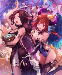 Rule 34 | 1boy, 2girls, blush, bow, breasts, brown eyes, brown hair, cake, character request, cleavage, covered navel, demon girl, dress, elbow gloves, feathered wings, fingerless gloves, food, fruit, gloves, hair bow, hand up, hat, high heels, highres, horn bell, horn ornament, horns, large breasts, lee hyeseung, leotard, multiple girls, official art, open mouth, party, party hat, purple eyes, shingeki no bahamut, smile, strawberry, string of flags, thighhighs, watermark, wide-eyed, wings