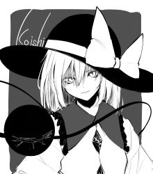 Rule 34 | 1girl, absurdres, black hat, blouse, bow, character name, closed mouth, collar, crystal, frills, grey background, grey collar, greyscale, hair between eyes, hat, hat bow, highres, hisha (kan moko), komeiji koishi, long sleeves, looking at viewer, monochrome, one-hour drawing challenge, shirt, short hair, simple background, solo, third eye, touhou, white background, white bow, white eyes, white hair, white shirt, white sleeves