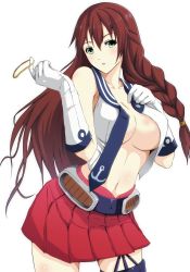 Rule 34 | 10s, 1girl, absurdres, adjusting hair, anchor symbol, belt, blush, bondo (borndragon), borndragon, braid, breasts, brown hair, gloves, green eyes, hair between eyes, highres, kantai collection, large breasts, long hair, looking at viewer, navel, necktie, no bra, noshiro (kancolle), open clothes, open shirt, pleated skirt, red skirt, school uniform, serafuku, shirt, single thighhigh, skirt, sleeveless, solo, swept bangs, thighhighs, transparent background, white gloves