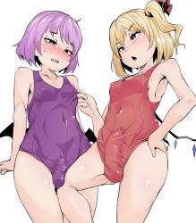 Rule 34 | 2girls, absurdres, blonde hair, breasts, bulge, covered erect nipples, covered testicles, erection, erection under clothes, flandre scarlet, futanari, highres, humiliation, makin tama, multiple girls, newhalf, nipple stimulation, nipple tweak, one-piece swimsuit, penis, penis size difference, purple hair, red eyes, remilia scarlet, sideboob, size comparison, size difference, skin tight, small breasts, small penis, swimsuit, testicles, touhou, wings