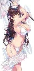 Rule 34 | 1girl, animal ears, armpits, arms up, atago (azur lane), azur lane, bikini, blush, breasts, brown hair, character name, cleavage, commentary request, flower, hair flower, hair ornament, highleg, highleg bikini, holding, holding umbrella, large breasts, long hair, looking at viewer, min-naraken, navel, parasol, parted lips, pink flower, ribbon, sarong, side-tie bikini bottom, simple background, skindentation, solo, standing, stomach, string bikini, swimsuit, umbrella, very long hair, white background, white ribbon, yellow eyes