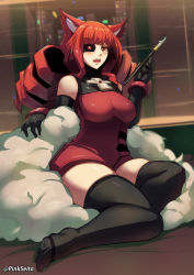 Rule 34 | 1girl, artificial eye, black gloves, black thighhighs, breasts, dress, drill hair, elbow gloves, gloves, highres, large breasts, mechanical eye, orphen (pink seito), quad drills, red dress, red eyes, red hair, short dress, sitting, sleeveless, sleeveless dress, solo, stella hoshii, thighhighs, va-11 hall-a