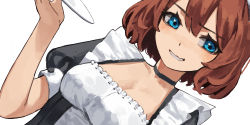 Rule 34 | 1girl, apron, black choker, blue eyes, breasts, brown hair, choker, cleavage, dutch angle, highres, holding, holding plate, looking at viewer, maid, maid apron, nuri (yoon cook), original, parted lips, plate, puffy short sleeves, puffy sleeves, short hair, short sleeves, simple background, smile, solo, white apron, white background, yoon cook