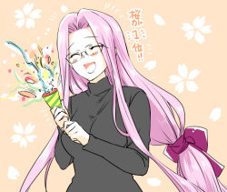 1girl black_sweater breasts commentary_request fate/stay_night fate_(series) floral_background glasses long_hair low-tied_long_hair lowres medium_breasts medusa_(fate) open_mouth party_popper pink_hair smile solo sweater translation_request turtleneck turtleneck_sweater upper_body very_long_hair yakan_(kusogaki_teikoku)