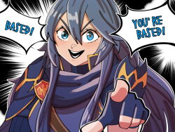 Rule 34 | 1girl, :d, armor, based (meme), blue armor, blue eyes, blue gloves, blue hair, blue scarf, commentary, dark blue hair, english commentary, english text, fingerless gloves, fire emblem, fire emblem awakening, gloves, hair between eyes, high collar, long hair, looking at viewer, lucina (fire emblem), meme, mnejing30, nintendo, open mouth, pointing, pointing at viewer, scarf, smile, solo, speech bubble, teeth, turtleneck, v-shaped eyebrows