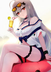 Rule 34 | 1girl, arknights, bare legs, bare shoulders, breasts, choker, cleavage, commentary, crossed legs, cup, drinking straw, eyewear on head, food, fruit, hair between eyes, highres, holding, holding cup, infection monitor (arknights), juice, large breasts, legs, lemon, lemon slice, long hair, looking at viewer, off-shoulder shirt, off shoulder, official alternate costume, orange eyes, shinoeda, shirt, silver hair, sitting, sitting on object, skadi (arknights), skadi (waverider) (arknights), solo, stuffed animal, stuffed toy, sunglasses, thigh strap, thighs, very long hair, white shirt
