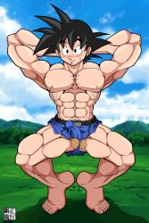 Rule 34 | 1boy, abs, barefoot, black hair, blush, bulge, dragon ball, erection, erection under clothes, extreme muscles, feet, full body, gouryu, male focus, muscular, nature, nipples, outdoors, pectorals, pectorals, penis, plant, shorts, sky, solo, son goku, squatting, testicles, toes, topless male