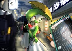Rule 34 | 1girl, absurdres, arm at side, artist name, bag, blurry, blurry background, bob cut, bracelet, breasts, cellphone, cloud, cloudy sky, collarbone, colored skin, cowboy shot, creatures (company), female focus, from side, game freak, gardevoir, gen 3 pokemon, green hair, green skin, hand up, handbag, highres, holding, holding phone, holding umbrella, i like robot, japanese text, jewelry, looking back, motion blur, multicolored skin, nintendo, open mouth, outdoors, people, phone, pokemon, pokemon (creature), pov, rain, red eyes, short hair, sideways mouth, signature, sky, small breasts, smartphone, solo focus, translation request, transparent, twitter username, two-tone skin, umbrella, white skin