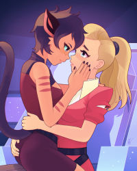 Rule 34 | 2girls, adora (she-ra), animal ears, arm around waist, ass, ass grab, blonde hair, blue eyes, cat ears, cat girl, cat tail, catra, eye contact, fingernails, freckles, green eyes, hand on another&#039;s face, looking at another, louis lloyd-judson, masters of the universe, multiple girls, nail polish, ponytail, sharp fingernails, she-ra and the princesses of power, short hair, smile, tail, very short hair, yuri