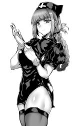 Rule 34 | 1girl, absurdres, braid, breasts, fate/grand order, fate (series), florence nightingale (fate), gggg, gloves, greyscale, hat, highres, long hair, monochrome, nurse, nurse cap, simple background, solo, thighhighs, white background