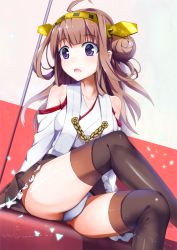 Rule 34 | 10s, 1girl, ahoge, bad id, bad pixiv id, boots, brown hair, detached sleeves, hairband, headgear, henet hene, japanese clothes, kantai collection, kongou (kancolle), crossed legs, long hair, panties, personification, purple eyes, sitting, solo, thigh boots, thighhighs, underwear, white panties