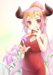 Rule 34 | 10s, 1girl, aliza (granblue fantasy), alternate hair color, bare arms, blush, breasts, cleavage, cleavage cutout, clothing cutout, draph, dress, earrings, flower, forehead protector, granblue fantasy, hair ornament, hand on own face, high ponytail, holding, holding flower, horns, jewelry, large breasts, long hair, looking at viewer, lucika ll, pink hair, pointy ears, ponytail, red dress, red eyes, side slit, sleeveless, sleeveless dress, smile, solo, very long hair