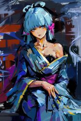 Rule 34 | 1girl, absurdres, armor, artist name, ayaka (genshin impact), bare shoulders, blue eyes, blue hair, blue kimono, blue nails, blunt bangs, blunt tresses, blush, breastplate, breasts, cleavage, collarbone, commentary, faux traditional media, fingernails, folding fan, genshin impact, gold trim, hair ribbon, hand fan, highres, holding, holding fan, impasto, japanese armor, japanese clothes, kimono, light blue hair, long hair, long sleeves, looking at viewer, medium breasts, nail polish, obi, open mouth, painterly, parted lips, ponytail, purple sash, ravine bells, ribbon, sash, sidelocks, sitting, solo, tress ribbon, wide sleeves