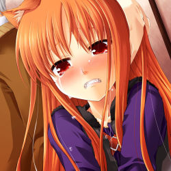 Rule 34 | 00s, 1girl, animal ears, clenched teeth, fangs, holo, solo, spice and wolf, tears, teeth, tilm, wolf ears