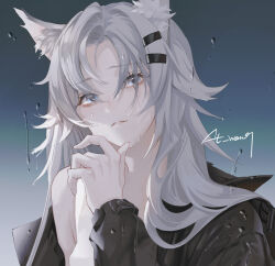 Rule 34 | 1girl, animal ear fluff, animal ears, arknights, at wang, grey eyes, grey hair, hair ornament, hairclip, hand up, highres, jacket, lappland (arknights), long sleeves, open clothes, open jacket, scar, scar across eye, single bare shoulder, solo, upper body, wolf ears