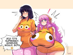Rule 34 | 2girls, anger vein, black hair, blush, breasts, character request, curly hair, emoji, english text, flushed face emoji shirt (meme), gigantic breasts, highres, long hair, medium breasts, meme, meme attire, multiple girls, original, pink hair, pinkkoffin, pointy ears, smile, speech bubble