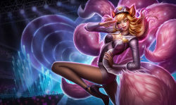 Rule 34 | 1girl, ahri (league of legends), animal ears, fox ears, fox tail, hat, heart, high heels, highres, jewelry, league of legends, pantyhose under shorts, michelle hoefener, necklace, official art, one eye closed, pantyhose, pantyhose under shorts, popstar ahri, riot games, shorts, solo focus, tail
