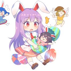 Rule 34 | &gt; &lt;, 4girls, :3, :d, :t, puff of air, = =, ^^^, animal ears, bad id, bad pixiv id, barefoot, black hair, blue hair, blue shirt, blue skirt, blush, brown footwear, brown hair, brown headwear, carrot necklace, chibi, closed eyes, commentary, dango, easter, easter egg, egg, flat cap, food, hat, highres, holding, holding food, inaba tewi, jewelry, kaoling, loafers, long hair, miniskirt, multiple girls, necklace, open mouth, orange shirt, outstretched arms, pink skirt, puffy short sleeves, puffy sleeves, purple hair, rabbit ears, red eyes, reisen udongein inaba, ringo (touhou), seiran (touhou), shirt, shoes, short hair, short sleeves, shorts, simple background, skirt, skirt set, smile, socks, touhou, very long hair, wagashi, white background, white legwear, white shirt, yellow shorts