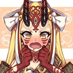 Rule 34 | 1girl, @ @, absurdres, bare shoulders, blonde hair, blush, breasts, drooling, earrings, facial mark, fate/grand order, fate (series), forehead, forehead mark, hair pulled back, highres, horns, ibaraki douji (fate), japanese clothes, jewelry, kimono, long hair, long sleeves, looking at viewer, mouth drool, nikuatsu magician shinbo, off shoulder, oni, oni horns, open mouth, sash, small breasts, solo, tattoo, wide sleeves, yellow eyes, yellow kimono