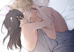 Rule 34 | 1boy, 1girl, afterglow, aftersex, bare shoulders, bed sheet, black hair, blanket, blonde hair, blush, closed eyes, cloud strife, collarbone, commentary, couple, final fantasy, final fantasy vii, from side, hand in own hair, hetero, highres, kiss, light, long hair, lying, maiii (smaii i), nude, on side, pillow, short hair, smile, symbol-only commentary, tifa lockhart, upper body