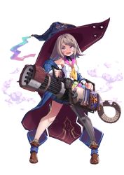 Rule 34 | 1girl, bare shoulders, blue hat, blush, book, brown footwear, brown hair, bullet hole, fang, gatling gun, grey thighhighs, gun, hat, holding, holding gun, holding weapon, large hat, long hair, open mouth, original, pink eyes, simple background, single thighhigh, skin fang, smile, solo, ssorasora, standing, steam, thighhighs, transparent background, vial, weapon, white background, witch hat, wizard, yellow neckwear