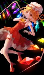 Rule 34 | 1girl, absurdres, adapted costume, ascot, bare shoulders, blonde hair, breasts, dress, flandre scarlet, frilled thighhighs, frills, full body, gloves, glowing, glowing wings, grey gloves, hat, hat ribbon, high heels, highres, leaning back, looking at viewer, medium hair, mob cap, multicolored wings, nomiruchara gomashio, open mouth, orange eyes, pointy ears, rainbow order, rainbow wings, red dress, red footwear, red ribbon, ribbon, ribbon-trimmed headwear, ribbon trim, small breasts, solo, thighhighs, touhou, white hat, white thighhighs, wings, yellow ascot