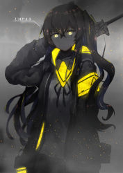Rule 34 | 1girl, 2018, absurdres, ammunition pouch, black jacket, brown hair, buttons, character name, cowboy shot, crossed bangs, embers, girls&#039; frontline, glowing, glowing eyes, grey skirt, highres, holding, holding weapon, hood, hood down, hooded jacket, jacket, looking at viewer, neck ribbon, neon trim, pleated skirt, pouch, ribbon, sanasedayo, scar, scar across eye, scar on face, side ponytail, skirt, smile, solo, split mouth, ump45 (girls&#039; frontline), weapon