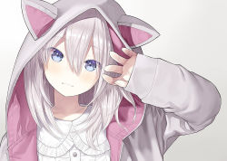 Rule 34 | 1girl, animal ears, animal hood, arm up, blue eyes, capriccio, cat hood, closed mouth, collared shirt, commentary request, fake animal ears, frilled shirt collar, frills, grey background, grey jacket, hair between eyes, head tilt, hood, hood up, hooded jacket, jacket, long sleeves, looking at viewer, original, shirt, silver hair, simple background, sleeves past wrists, smile, solo, upper body, white shirt