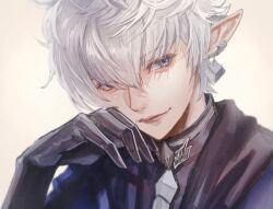 Rule 34 | 1boy, alphinaud leveilleur, black gloves, blue eyes, close-up, earclip, elezen, elf, final fantasy, final fantasy xiv, fukowaikaga, gloves, hair between eyes, hand on own face, hand up, looking to the side, male focus, pointy ears, portrait, sideways glance, simple background, smile, solo, white background, white hair