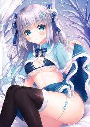 Rule 34 | 1girl, :o, bare tree, bikini, blue bikini, blue bow, blue capelet, blue eyes, blue skirt, blush, bow, breasts, capelet, clothes lift, commentary request, curtains, feet out of frame, frilled bikini, frills, fur-trimmed capelet, fur-trimmed legwear, fur-trimmed skirt, fur trim, hair between eyes, hair bow, highres, kohinata hoshimi, lifted by self, long hair, looking at viewer, medium breasts, no panties, original, parted lips, silver hair, sitting, skirt, skirt lift, snow, snowing, solo, swimsuit, thighhighs, tree, two side up, very long hair