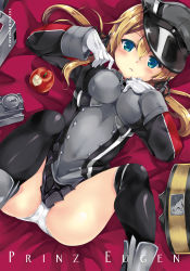 Rule 34 | 10s, 1girl, absurdres, anchor hair ornament, apple, blonde hair, blush, breasts, character name, food, fruit, gloves, gouda nagi, hair ornament, hat, highres, kantai collection, large breasts, long hair, long sleeves, lying, microskirt, military, military uniform, on back, open mouth, panties, peaked cap, prinz eugen (kancolle), skirt, solo, thighhighs, twintails, underwear, uniform, white gloves, white panties