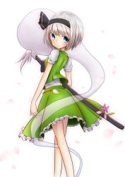 Rule 34 | 1girl, absurdres, black bow, black hairband, blue eyes, bow, closed mouth, cowboy shot, dress, dress shirt, eyebrows, floating, flower, frilled skirt, frills, from behind, ghost, green skirt, green vest, hair bow, hairband, highres, hitodama, inon, katana, konpaku youmu, konpaku youmu (ghost), looking back, puffy short sleeves, puffy sleeves, ribbon, scabbard, sheath, sheathed, shirt, short hair, short sleeves, silver hair, simple background, skirt, solo, standing, sword, tassel, touhou, twisted neck, vest, weapon, white background, white shirt