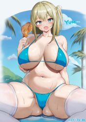 Rule 34 | 1girl, aymusk, bikini, blonde hair, blue bikini, blue eyes, blush, breasts, chicken (food), fang, food, freckles-chan (aymusk), highres, holding, holding food, huge breasts, long hair, looking at viewer, micro bikini, navel, open mouth, original, palm tree, plump, sitting, skindentation, sky, solo, spread legs, swimsuit, thick thighs, thighhighs, thighs, tree, white thighhighs