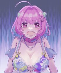 Rule 34 | 1girl, @ @, ahoge, armor, bare shoulders, bikini, blue hair, bob cut, breasts, choker, cleavage, colored inner hair, fang, green ribbon, hair intakes, hair ornament, hair ribbon, hairclip, hane yu, heart, heart o-ring, heart print, highres, idolmaster, idolmaster cinderella girls, idolmaster cinderella girls starlight stage, jewelry, large breasts, leaning forward, light blue hair, looking at viewer, multi-strapped bikini, multicolored hair, necklace, o-ring, o-ring bikini, o-ring top, open mouth, pink background, pink choker, pink eyes, pink hair, print bikini, purple armor, purple background, purple bikini, ribbon, scared, solo, sweat, swimsuit, two-tone hair, wavy background, yumemi riamu