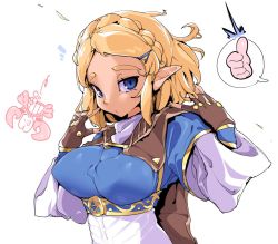 Rule 34 | 1girl, blonde hair, blue eyes, braid, breasts, cape, chris (mario), covered erect nipples, crab, fingerless gloves, gloves, hair ornament, hairclip, looking at viewer, mario (series), mario bros., medium breasts, nintendo, pointy ears, princess zelda, short hair, sidestepper, speech bubble, the legend of zelda, the legend of zelda: breath of the wild, the legend of zelda: tears of the kingdom, thumbs up, white background