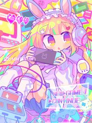 Rule 34 | 1girl, animal ears, blonde hair, blue skirt, commission, controller, fake animal ears, game boy, game console, game controller, hair ornament, handheld game console, headphones, highres, holding, holding handheld game console, hood, long hair, long sleeves, looking at viewer, nintendo switch, original, rabbit ears, richard (richaball), skeb commission, skirt, socks, solo