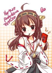 Rule 34 | 10s, 1girl, ahoge, argyle, argyle background, argyle clothes, braid, breasts, brown eyes, brown hair, cleavage, detached sleeves, food, food in mouth, hairband, heart, japanese clothes, kantai collection, kongou (kancolle), looking at viewer, mouth hold, narusemia, nontraditional miko, personification, pocky, pocky day, solo, wide sleeves