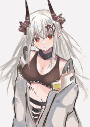 Rule 34 | 1girl, 3walktoriatama, :o, absurdres, arknights, black collar, black shirt, blush, breasts, cleavage, coat, collar, crop top, demon horns, ear piercing, grey hair, hair between eyes, hair ornament, highres, horns, infection monitor (arknights), long hair, looking at viewer, material growth, medium breasts, mudrock (arknights), open clothes, open coat, oripathy lesion (arknights), piercing, pointy ears, red eyes, shirt, sidelocks, simple background, solo, upper body, white background, white coat