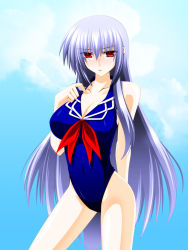 Rule 34 | 1girl, adapted costume, blue hair, blue one-piece swimsuit, breasts, casual one-piece swimsuit, cleavage, engo (aquawatery), kamishirasawa keine, large breasts, long hair, no headwear, no headwear, one-piece swimsuit, red eyes, ribbon, silver hair, solo, swimsuit, touhou