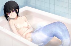 Rule 34 | 1girl, 7462, bare shoulders, bath, bathroom, bathtub, black hair, blunt bangs, breasts, cleavage, collarbone, commentary request, fins, fish tail, highres, idolmaster, idolmaster cinderella girls, idolmaster cinderella girls starlight stage, in water, looking at viewer, lying, mermaid, monster girl, monsterification, navel, on back, purple eyes, shell, shell bikini, shirayuki chiyo, short hair, sidelocks, solo, spaghetti strap, stomach, tail, tile wall, tiles