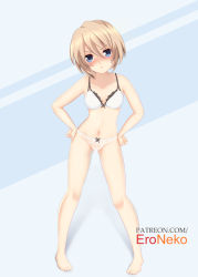 Rule 34 | 1girl, artist name, bare legs, bare shoulders, barefoot, blanc (neptunia), blue eyes, blush, bra, brown hair, choujigen game neptune, clenched hands, commentary, english commentary, eroneko senpai, frown, full body, groin, hair between eyes, hands on own hips, leaning forward, looking at viewer, navel, neptune (series), no dress, panties, short hair, solo, underwear, underwear only, white bra, white panties