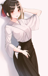 Rule 34 | 1girl, absurdres, ame 816, archery, arm up, blush, breasts, brown hair, brown hakama, collarbone, commentary request, cowboy shot, folded ponytail, grey background, hair ribbon, hakama, hakama skirt, hand in own hair, hand on own hip, highres, japanese clothes, kaguya-sama wa kokurasetai ~tensai-tachi no renai zunousen~, kimono, kyuudou, long sleeves, looking at viewer, medium breasts, open mouth, parted bangs, red eyes, red ribbon, ribbon, shinomiya kaguya, short hair, simple background, skirt, solo, standing, wide sleeves